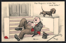 Künstler-AK Willi Scheuermann: Nee Auguste, Ist Der Tee Heute Bitter!, Hund Pinkelt Schlafendem Mann In Den Mund  - Scheuermann, Willi