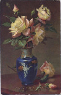 20052205 - Gelbe Rosen In Blauer Vase - Other & Unclassified