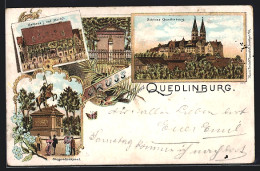Lithographie Quedlinburg, Rathaus Und Markt, Klopstock-Denkmal, Schloss  - Quedlinburg