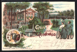 Lithographie Berlin-Grunewald, Bahnhof Mit Café, Frische Milch, Kühe  - Grunewald