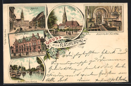 Lithographie Rathenow, Kaiserl. Post, Schleusen-Canal Und Markt  - Rathenow