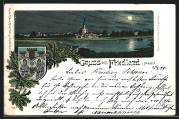 Mondschein-Lithographie Friedland I. Meckl., Ortsansicht Mit Kirche Vom Wasser Aus  - Andere & Zonder Classificatie