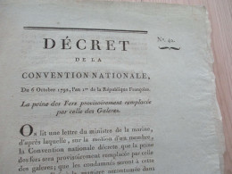 1792 Décret Convention Nationale La Peine Des Fers Remplacée Par Celle Des Galères Autographes Personnalités Coutances - Decreti & Leggi