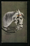 Künstler-AK Seitenportrait Eines Schimmels Mit Zaumzeug  - Pferde