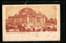 Lithographie Wiesbaden, Theater Mit Kutschen Und Passanten  - Teatro