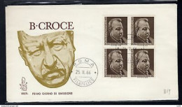 Italia FDC Venetia 1966 Benedetto Croce Quartina Non Viaggiata - FDC