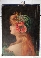 Ancienne Peinture Sur Support Rigide épais (carton Multicouche) Buste Femme De Profil Avec Fleurs Dans Les Cheveux - Other & Unclassified