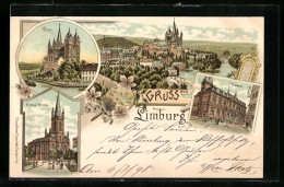 Lithographie Limburg / Lahn, Postamt, Dom, Evang. Kirche  - Limburg