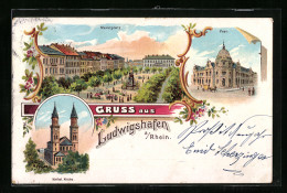 Lithographie Ludwigshafen A. Rh., Marktplatz, Post Und Katholische Kirche  - Ludwigshafen