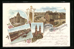 Lithographie Ludwigshafen Am Rhein, Rheinvorland, Post Und Sicht V. D. Rheinbrücke  - Ludwigshafen