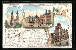 Lithographie Ludwigshafen A / Rhein, Pfälzische Bank, Katholische Kirche, Bahnhof  - Ludwigshafen