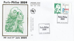 Fdc 2024_Envel. 1er Jour_fdc_soie_Marianne Paris-Philex 2024. PJ Paris 18/03/24. - 2020-…