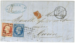 Rouleau De Gros Points / N° 14 Bleu Sur Lilas Foncé + 17 Càd PARIS (60) Sur Lettre 2 Ports Pour Turin. 1858. - TB / SUP. - 1853-1860 Napoleone III