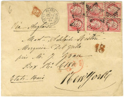 Etoile 3 / N° 24 (6) Càd PARIS / PL. DE LA MADELEINE Sur Lettre Pour New York. Au Recto, Taxe Tampon 18 Rouge Pour La Re - 1862 Napoleon III
