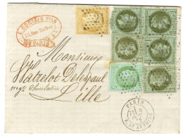 Etoile 21 / N° 25 (5 Dont 1 Ex Def) + 53 + 59 Càd PARIS / R. ST ANTOINE Sur Lettre Pour Lille. 1872. - TB. - R. - 1863-1870 Napoleon III Gelauwerd