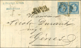 Rectangle Chiffré Italien / N° 29 (2) 1 Ex Variété à La Corne Sur Lettre De Marseille Pour Gênes. Au Recto, Griffe FRANC - 1863-1870 Napoleone III Con Gli Allori