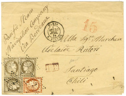 Etoile 2 / N° 38 + 56 (3) Càd PARIS / R. MILTON Sur Lettre Pour Santiago Du Chili. Au Recto, Taxe 15 Rouge Pour Le Traje - 1871-1875 Ceres