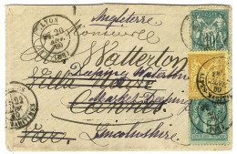 Càd T 17 LYON (68) / N° 65 + 75 Sur Lettre Pour Cannes Réexpédiée En Angleterre à L'aide D'un N° 92 Obl Càd T 18 CANNES  - 1876-1878 Sage (Type I)