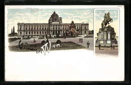 Lithographie Wien, Hof-Museum Mit Maria Theresia Monument Und Prinz Eugen Monument  - Autres & Non Classés