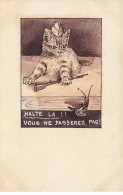 N°23743 - Carte Peinte à La Main - Halte La !! Vous Ne Passerez Pas - Chat Tenant Un Fusil, Regardant Un Escargot - Cats