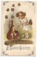 N°21558 - Carte Gaufrée - A Happy Easter - Fillette Près De Lièvres - Carte à Paillettes - Pâques