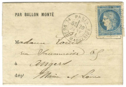 Etoile 3 / N° 37 Càd PARIS / PL. DE LA MADELEINE 20 JANV. 71 Sur Lettre PAR BALLON MONTÉ Pour Angers, Au Verso Càd D'arr - Guerre De 1870