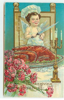 N°20525 - Carte Gaufrée Avec Paillettes - Thanksgiving Greetings - Ange Se Préparant à Couper La Dinde - Oeillets - Thanksgiving