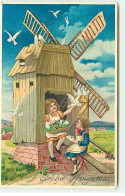 N°20524 - Carte Gaufrée - Fröhe Pfingsten -Enfants Assis Près D'un Moulin à Vent Avec Des Colombes Apportant Des Lettres - Pinksteren