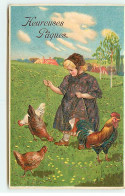 N°19365 - Carte Gaufrée - Heureuses Pâques - Fillette Donnant Du Grain à Des Poules Et Un Coq - Pâques