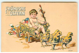 N°19362 - Carte Gaufrée - Fröhliche Ostern - Ange Dans Une Charette Remplie D'oeufs Tirée Par Des Poussins - Pâques