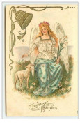 N°2431 - Carte Gaufrée - Joyeuses Pâques - Ange - Mouton, Cloche - Easter