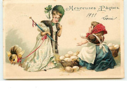 N°2498 - Carte Gaufrée - Heureuses Pâques - Fillettes Et Oeufs - Easter