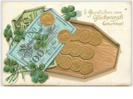 N°2532 - Carte  Gaufrée - Herzlichen Glückwunsch Geburtstage - Pièces De Monnaie Et Billets - Monnaies (représentations)