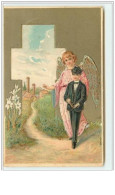 N°2160 - Carte  Gaufrée - Ange Gardien Et Jeune Homme En Costume - Engel