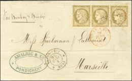 Losange Inde / Col. Gen. N° 20 Bande De 3 Càd INDE / PONDICHERY Sur Lettre Avec Texte Pour Marseille. 1876. - TB / SUP.  - Maritime Post