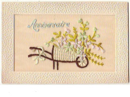 N°7456 - Carte Brodée - Anniversaire - Brouette Fleurie - Embroidered