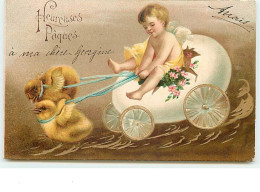 N°7480 - Carte Gaufrée - Heureuses Pâques - Angelot , Attelage De Poussins - Pâques