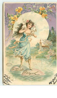 N°7482 - Carte Gaufrée - Fröhliche Ostern - Femme Marchant Sur Des Oeufs - Pascua