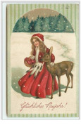 N°2848 - Carte Gaufrée - Glückliches Neujahr - Fillette Habillée En Rouge Avec Une Biche - New Year