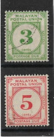 MALAYA - MALAYAN POSTAL UNION 1945 3c, 5c POSTAGE DUES SG D8/D9 FINE USED Cat £3 - Malayan Postal Union
