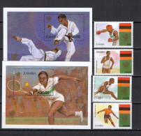 Zambia 1988 Olympic Games Seoul, Judo, Tennis, Boxing, Athletics, Football Soccer Set Of 4 + 2 S/s MNH - Ete 1988: Séoul