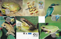 Australie 1999 Y&T 1773 à 1778 Sur Cartes Maximum, Entiers Postaux. Grenouilles, Martin-pêcheur, Libellule - Ranas