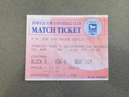 Ipswich Town V Wolverhampton Wanderers 1993-94 Match Ticket - Biglietti D'ingresso