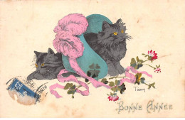 Animaux - N°83965 - Chats - Bonne Année - Chats Noirs Jouant Avec Un Chapeau à Plume - Cats