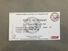 Hereford United V Walsall 2008-09 Match Ticket - Tickets D'entrée