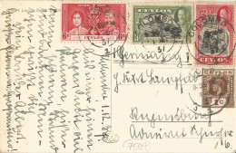 CEYLON – 4 STAMP 12 C. FRANKING ON PC (MOUNT LAVINIA BEACH) FROM COLOMBO TO GERMANY – 1937 - Ceylan (...-1947)