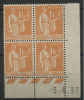 N° 286 Type PAIX Neuf ** (MNH) COTE 40 € Bloc Avec Coin Daté Du 5/8/37. TB - 1930-1939