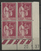 N° 289 Type PAIX Neuf ** (MNH) COTE 115 € Bloc Avec Coin Daté Du 20/1/37. TB - 1930-1939