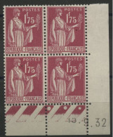 N° 289 Type PAIX Neuf ** (MNH) COTE 115 € Bloc Avec Coin Daté Du 15/9/32. Voir Description - 1930-1939