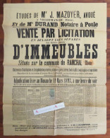 ● Affiche 1893 Vente Immeubles à Ranchal - Labrosse / Busseuil / Accary / Pongibaud - Me Mozoyer Durand à Poule - Timbre - Posters